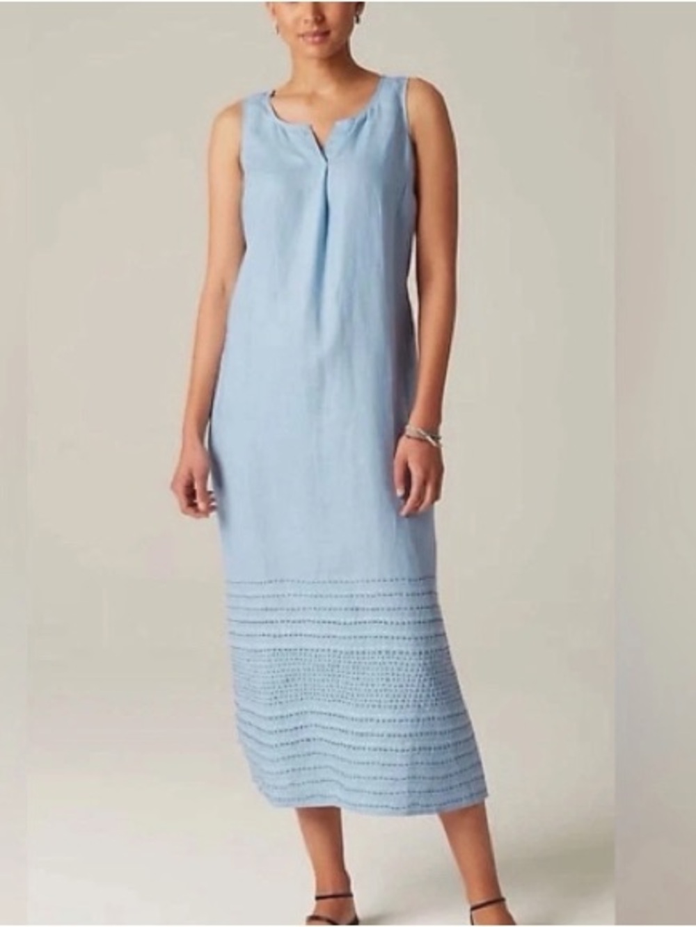 J Jill Pure Linen Blue Embroidered Maxi Dress Size Medium Sleeveless Split Neck - Picture 2 of 10